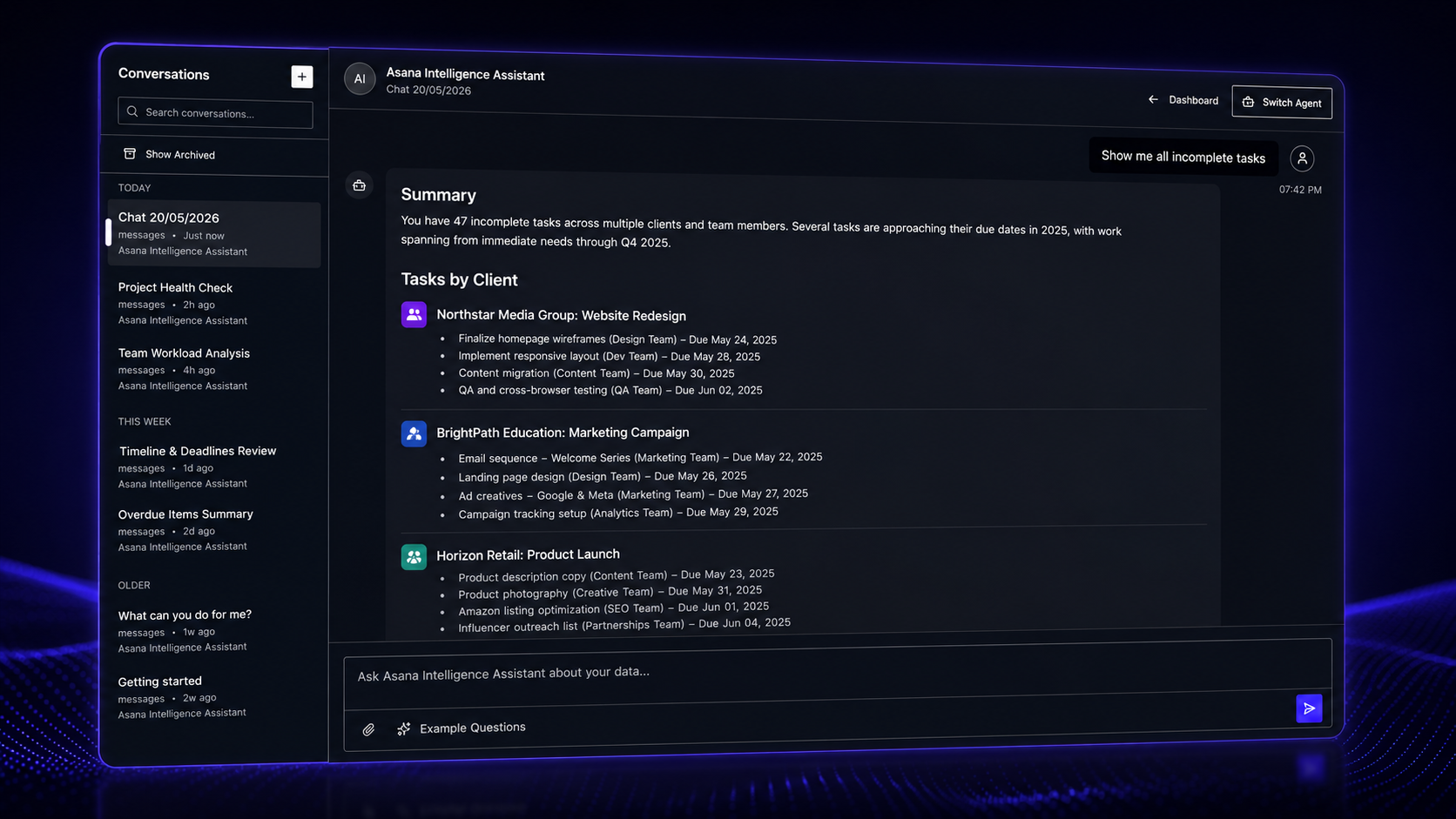 Flowstate AI — Asana Intelligence Assistant: natural-language chat interface where Claude converts plain English questions into SQL against synced Asana data, returning professional responses with row count, execution time and clickable task links.