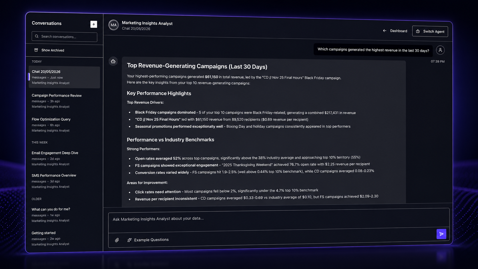 Flowstate AI — Klaviyo Marketing Analyst: natural-language chat interface for email and SMS campaign analysis, with revenue attribution, subject-line performance, send-time engagement and channel comparison answered against synced Klaviyo data.